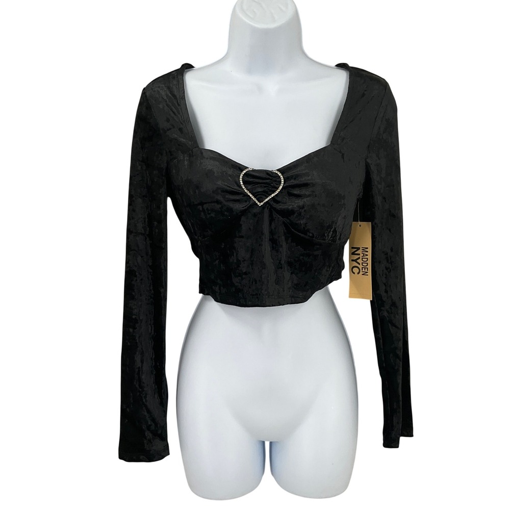Madden NYC Crop Top Women M Black Velvet Rhinestone Heart Glam Dark Corquette
